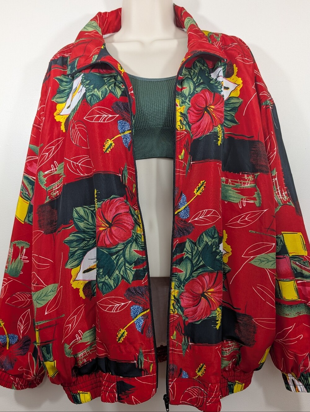 Hawaiian Print Satin Bomber Jacket Zip Up Tropical Pinup Rockabilly Vintage